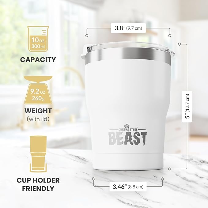 Beast 10 oz Tumbler Stainless Steel Vacuum Insulated Coffee Ice Cup Double Wall Travel Flask (Arctic White)