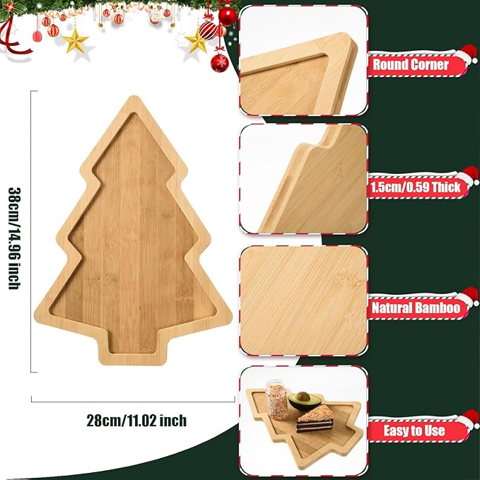 Christmas Wooden Appetizer Tray Christmas Tree Shaped Wooden Serving Platter Sushi Serving Tray Wood Charcuterie Board Tray Snack Dessert Candy Dish Plate for Christmas Home Kitchen,15x11x0.59 Inch