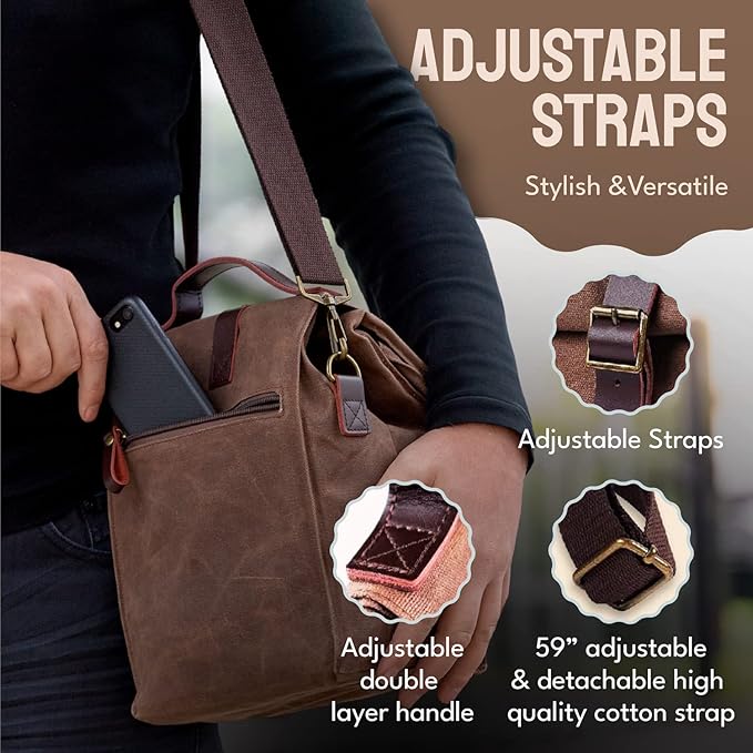 ASEBBO Insulated Lunch Bag 10L Sturdy Waxed Canvas Lunch Box for Men and Women, Leakproof Insulated Cooler Bag for Work Picnic Hiking, Lunchbox for Adults with Shoulder Strap (Brown)