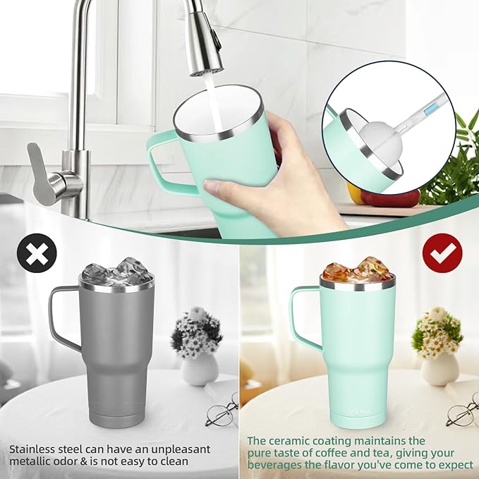 20 oz Insulated Coffee Mug with Ceramic Coating, Stainless Steel Travel Mug Tumbler with Handle Lid and Straw, Double Wall Leak-Proof Coffee Travel Mug Keeps Drink Hot and Cold (Green)