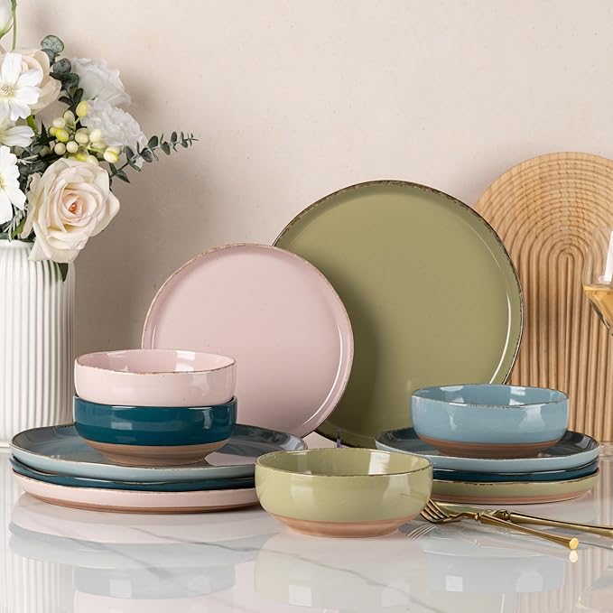 AmorArc Ceramic Dinnerware Sets for 4, 12 Pieces Handpainted Plates and Bowls Set with Rustic Terracotta Underside, Scratch Resistant Stoneware Dishes Set, Dishwasher & Microwave Safe, Multi-Color