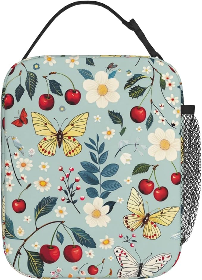 Reusable Cherry Lunch Box for Kids Girls Boys Women Adult, Insulated Cute Butterfly Lunch Bag,Polyester Cooler Floral Handbags Case for School Picnic Work Travel Beach or Hiking (Light Blue)
