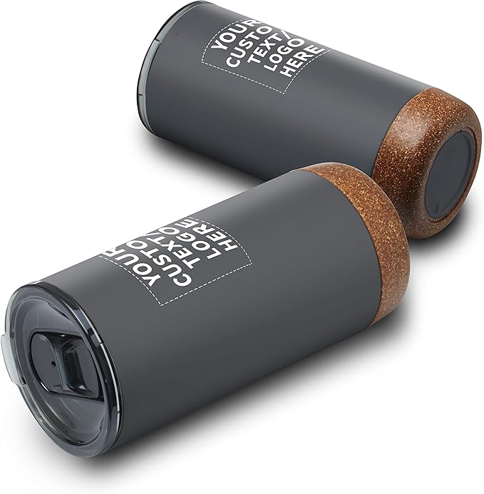 DISCOUNT PROMOS Custom Travel Tumblers with Cork Bottom 16 oz. Set of 1, Personalized Bulk Pack - Double Wall Insulated, Matte Finish, Perfect for Iced Coffee, Soda, Other Beverages - Grey