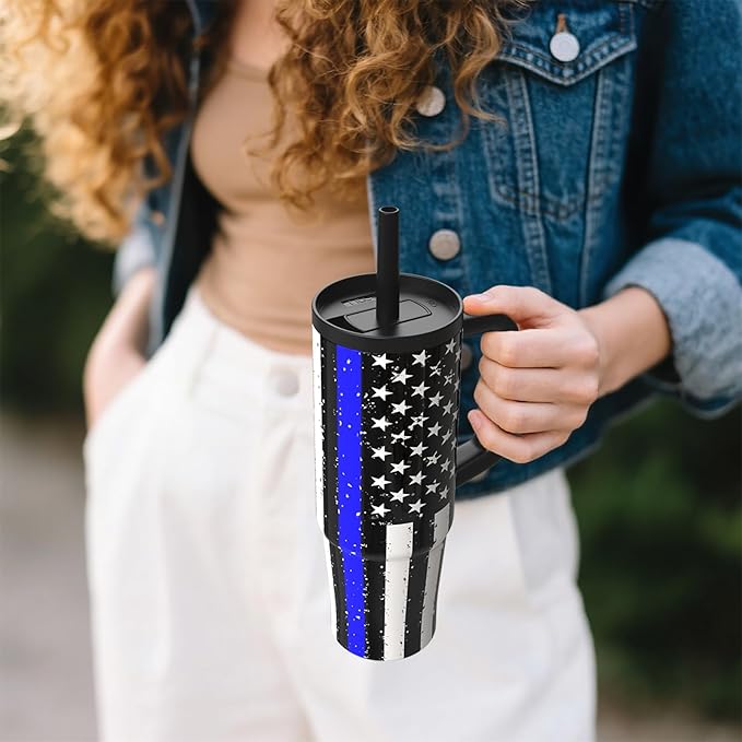 TILUCK 30 oz Tumbler with Handle, Vacuum Insulated Stainless Steel Travel Mug with 100% Leak-Proof Silicone Straw Lid, Cupholder Friendly Water Bottle(BlackFlag, 30oz)