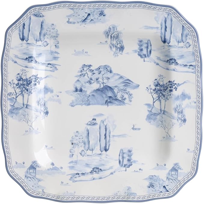 222 Fifth 12-Piece Porcelain Dinnerware Set for 4, Glossy White Plates and Bowls Set with Blue Decal, Elegant Square Ceramic Dish Set, Kitchen Tableware, Microwave & Dishwasher Safe, Scenic Toile