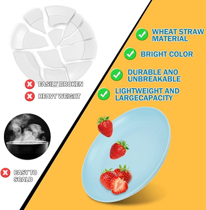 Rubtlamp Wheat Straw Plates and Bowls sets, Reusable Plastic Dishes Set for 4, Kitchen Wheat Straw Dinnerware Sets (Light Four Colors) Include Dinner Platos, Dessert Platos, Cereal Bowls, Cups
