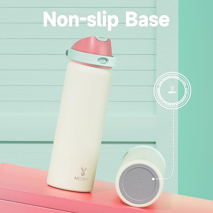 32 oz Insulated Water Bottle with Straw: Meoky Stainless Steel Metal Water Bottle with 2-in-1 Lid - Leak Proof, Cold for 24 Hours, Protective Silicone Base, BPA-Free for Sports Gym, Cream