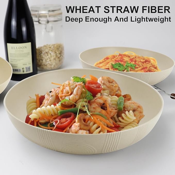 10inches Large Pasta Bowls Set of 6-65oz Wheat Straw Bowls,Bowl Plates,Large Plastic Bowls Reusable for Pasta,Salad,Soup,Unbreakable & Lightweight Bowls for Kitchen,Dishwasher Safe,BPA-Free(Beige)