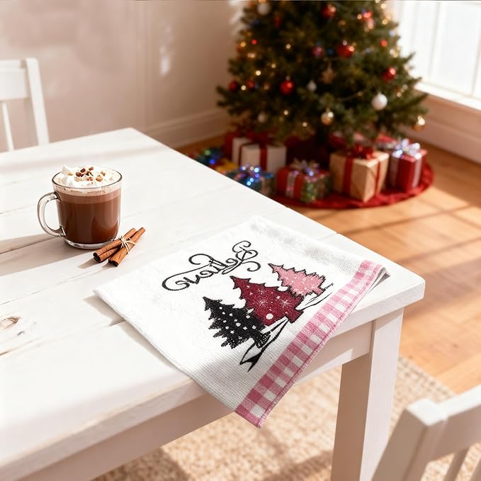 Pink Buffalo Plaid Christmas Kitchen Towels Set of 2 | 18x26 Inch Dish Towels with Snowman & Tree Holiday Decor for Winter Home & Bath