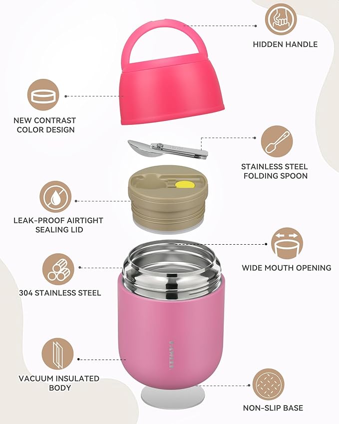 17oz Soup Thermo for Hot Food Adults Insulated Food Jar Thermo Hot Food Lunch Container Wide Mouth Stainless Steel Lunch Box for Kids with Folding Spoon Cleaning Brush Pink