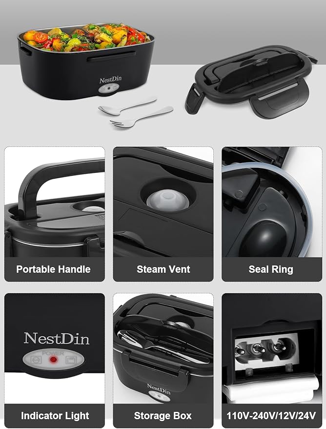 80W Electric Lunch Box for Adults, Portable Heated Lunch Box for Men, 1.5L Food Warmer Lunchbox for Car/Truck/Office, 12V/24V/110V Leak-Proof, Dishwasher-Safe with Insulated Bag(Matte Black)