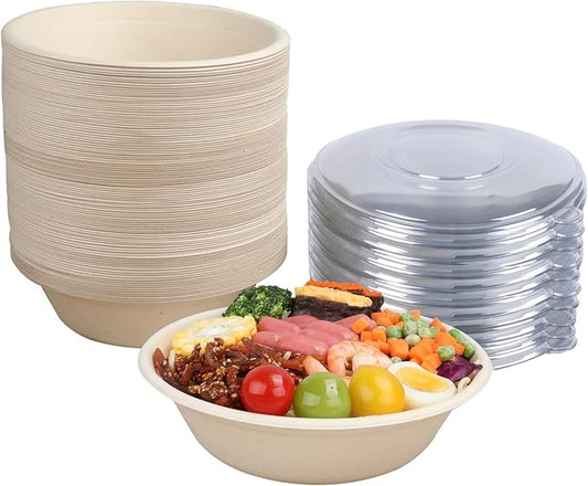32 oz Disposable salad bowls with lids, Sugarcane Fiber Paper Bowls take away food containers Plant Fibers Freezer Safe 50 Pack