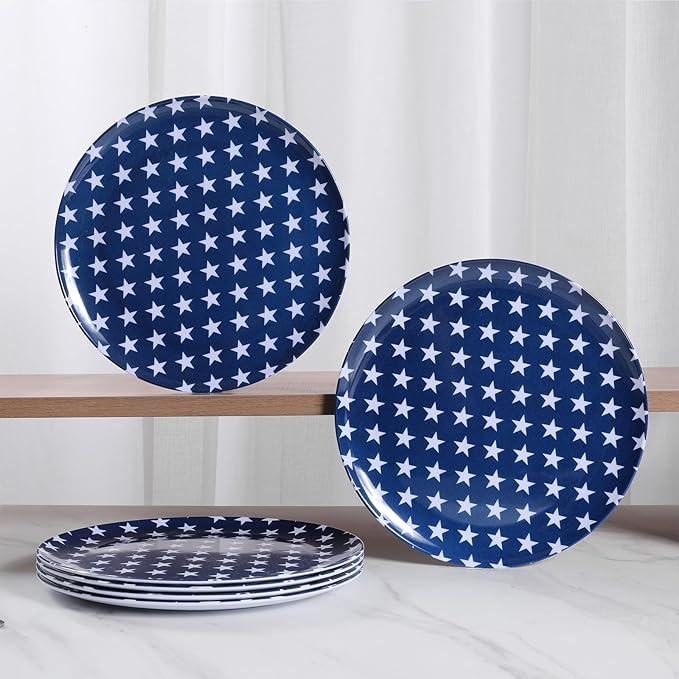 White Melamine Dinner Plates,6pcs Dishes Set,10inch Lightweight Round Plates,Scratch Resistant Unbreakable Serving Dishes,Star