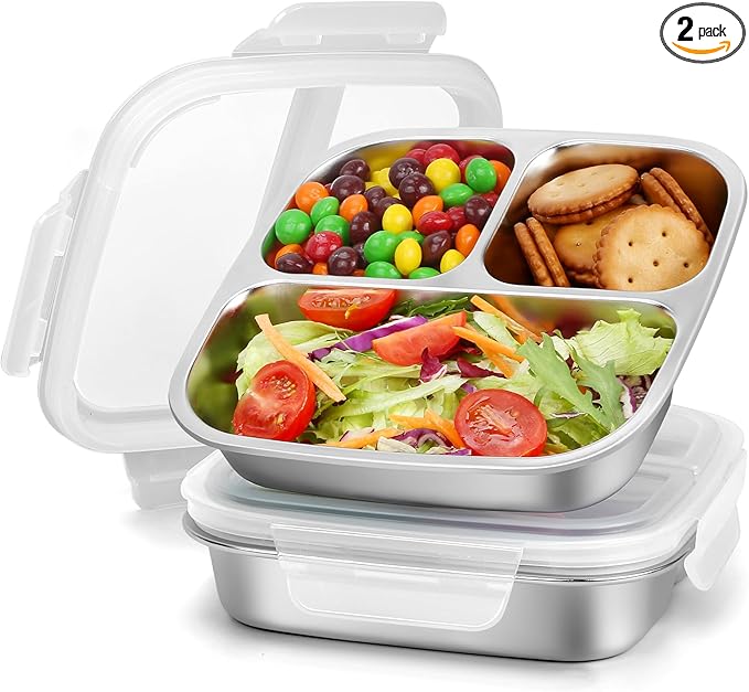 RAOOKIF 2 Pack Stainless Steel Snack Containers, 3 Compartment Reusable Snack Containers With Lids, Grab and Go Snack Container for Schools, Homes, Offices, and Camping, Dishwasher-Safe (7 * 7 inch)