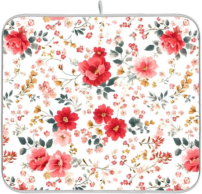 Spring Floral Colorful Flowers Dish Drying Mat for Kitchen Counter Absorbent Dish Drainer Mats Drying Pads 16"x18"