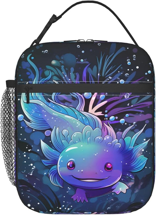 Axolotl Lunch Box for Kids,Cute Animal Insulated Bag for Student,Dark Blue Reusable Thermal Insulation Cooler Tote Bags for School Work Picnic Camping Outdoor Gifts