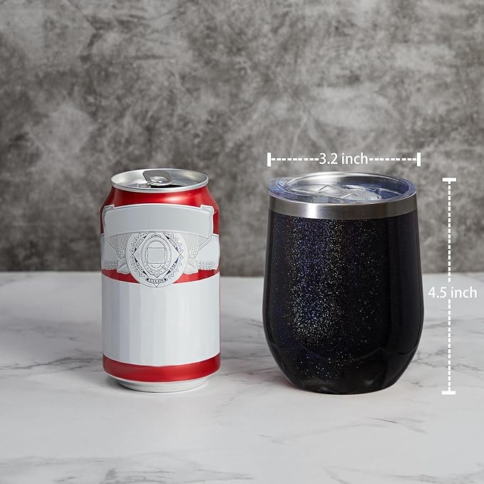 MEWAY 12oz/12 Pack Wine Tumbler Glasses with Lid - Stemless Double Wall Vacuum Stainless Steel Glitter Tumbler - Keeping Cold & Hot Cup for Coffee,Gift for Women(Rainbow Black,Set of 12)