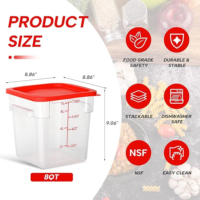 4 Pack Food Storage Containers, 8 Quart with Lids, Square Commercial Containers with Scale, Clear NSF Food Organizing, Polycarbonate