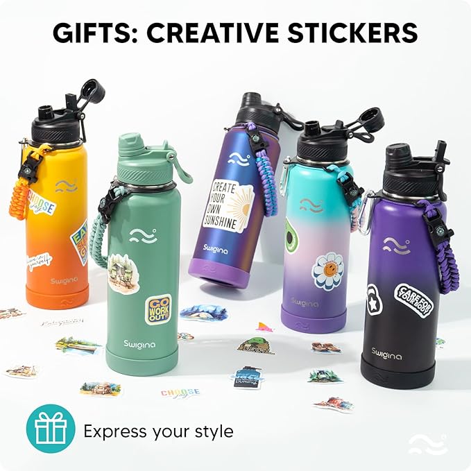 [2-IN-1 LID] Insulated Water Bottle with Silicone Boot (36hrs Cold/18hrs Hot) - DIY Stickers, Leakproof, BPA Free, 40 oz