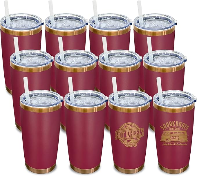 20 oz Tumbler Bulk 12 Pack Stainless Steel Tumblers with Lids and Straws, Double Wall Vacuum Insulated Travel Coffee Mug for Laser Engrave, Powder Coated Cups for Hot and Cold Drinks (Red,12 pack)