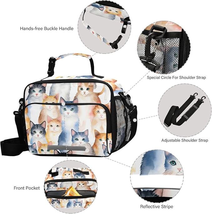ALAZA Cat Girls Lunch Box Kids Lunchbox Insulated Reusable Meal Container Lunchbag with Shoulder Strap