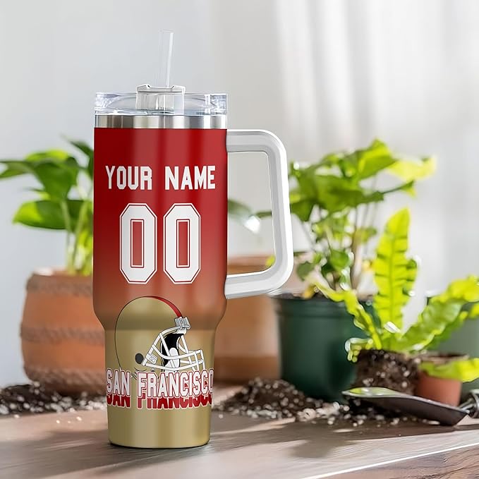 Custom 40oz Football Stainless Steel Tumbler with Handle & Straw, Personalized Insulated Travel Mug, Name & Number Cup, Tailgating Sports Gift (San Francisco Colors)