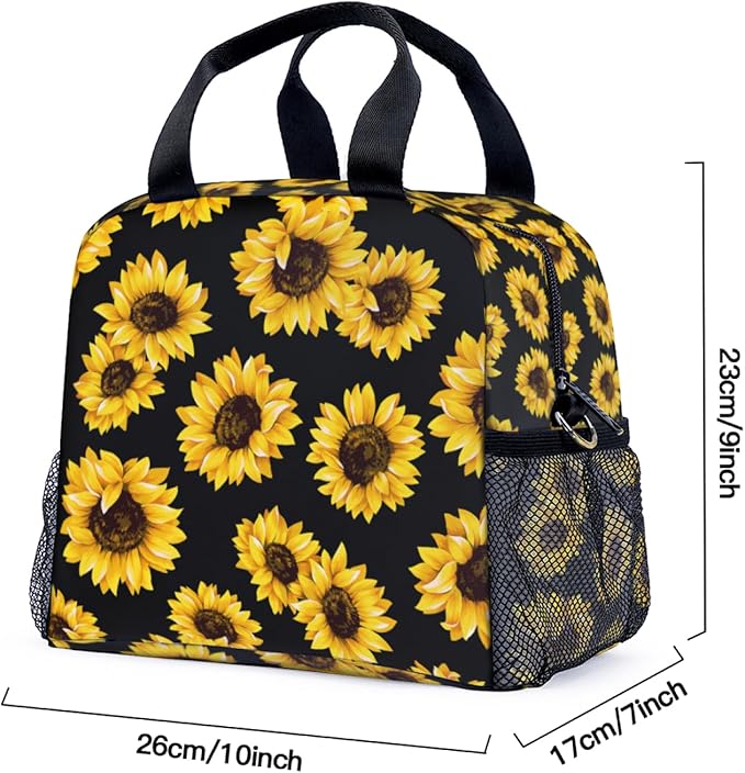 Sunflower Black Background Lunch Bag for Women Men Cute Large Capacity Thermal Lunch Tote Reusable Washable with Adjustable Shoulder Strap and Dual Large Mesh Side Pockets