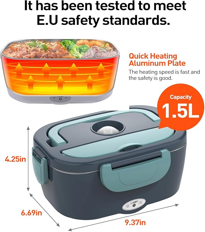 APSARAS Electric Lunch Box 60-80W Food Heater, 3in1 Ultra Quick Heated Lunch Boxes for Adults, 12V/24V/110V Portable Food Warmer for Car/Truck/Office With SS Fork Spoon and Insulated Carry Bag(green)