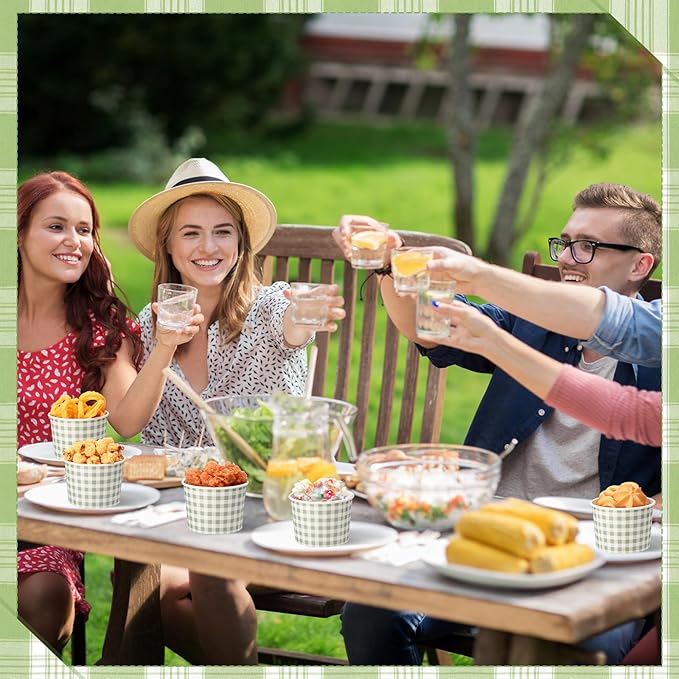 50 Pack Green Gingham Ice Cream Cups 9 oz Green and White Checkered Disposable Dessert Bowls Paper Soup Bowls Plaid Snack Cups for Hot or Cold Food for Baby Shower Wedding Birthday Supplies