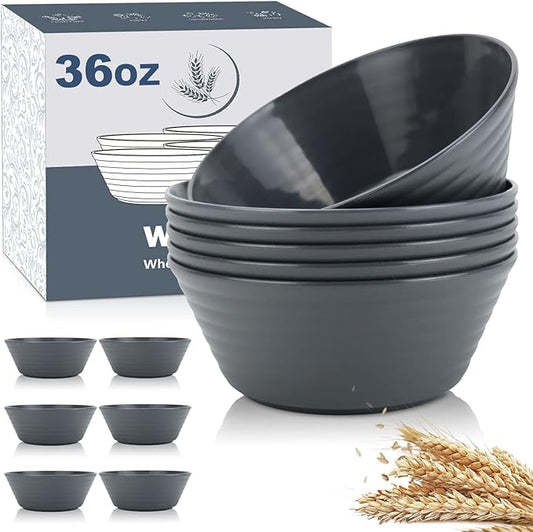Wrova Wheat Straw Bowl Sets,6PCS Unbreakable Cereal Bowl 36 OZ,Microwave and Dishwasher Safe Bowls,Salad Bowls for Dorm,Apartment,Camping,Picnic (Deep Grey)