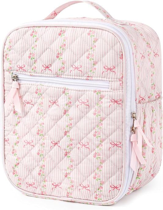 Aileam Lunch Box Lunch Bag for Women Cute Girls Insulated Womens Lunch Bag For Work Quilted Large Capacity Reusable Insulated Cooler for Work Picnic Travel Pink Bow Flower