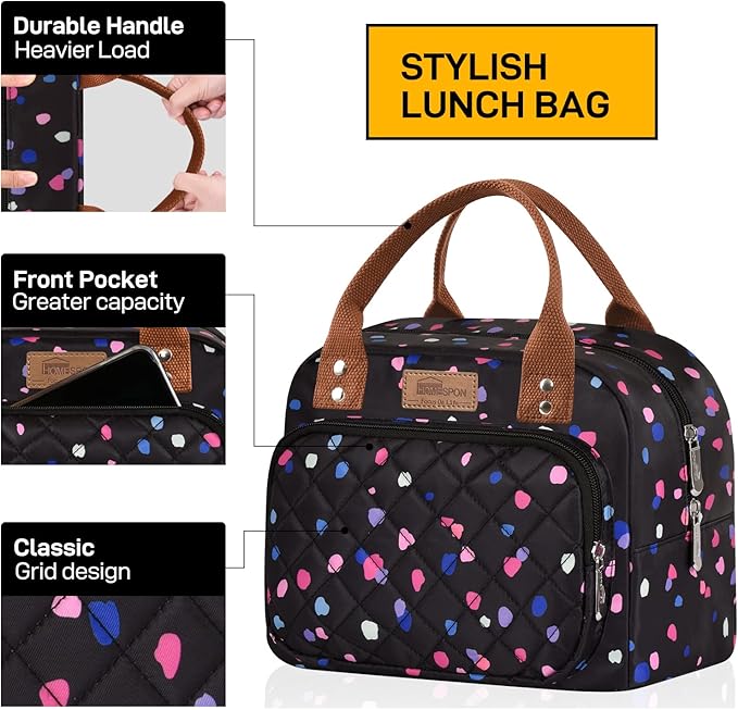 Buringer HOMESPON Lunch Bag for Woman Man Adults with Front Pocket Insulated Lunch Tote Lunch Box Container for Work Picnic or Travel（Multi Dots）