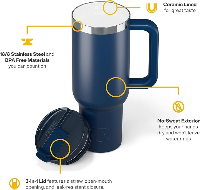 RTIC 40 oz Road Trip Tumbler Double-Walled Cermaic Lined Insulated Stainless Steel Portable Travel Coffee Mug Cup with Lid, Handle and Straw, Navy