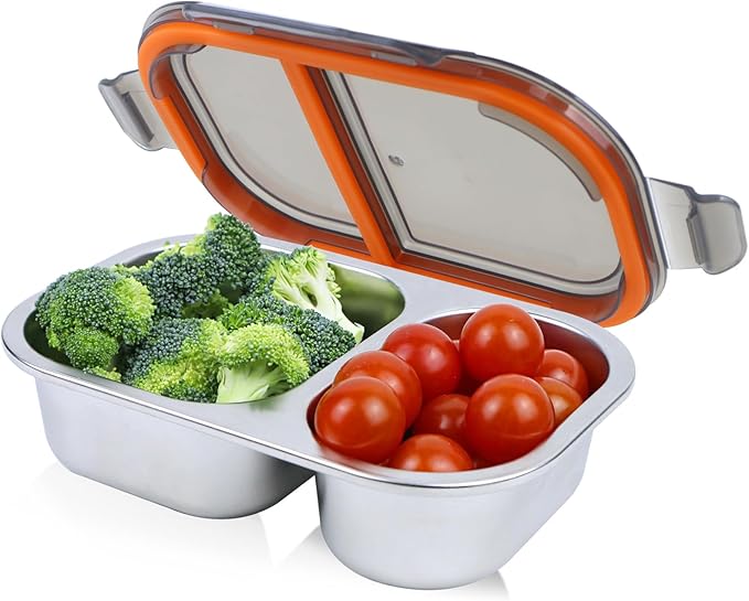 Stainless Steel Snack Box Containers, Reusable 2 Compartment Condiment Box with Lids, Food Container Sauce Cups, Divided Food Storage Containers for Home and Travel (Black)