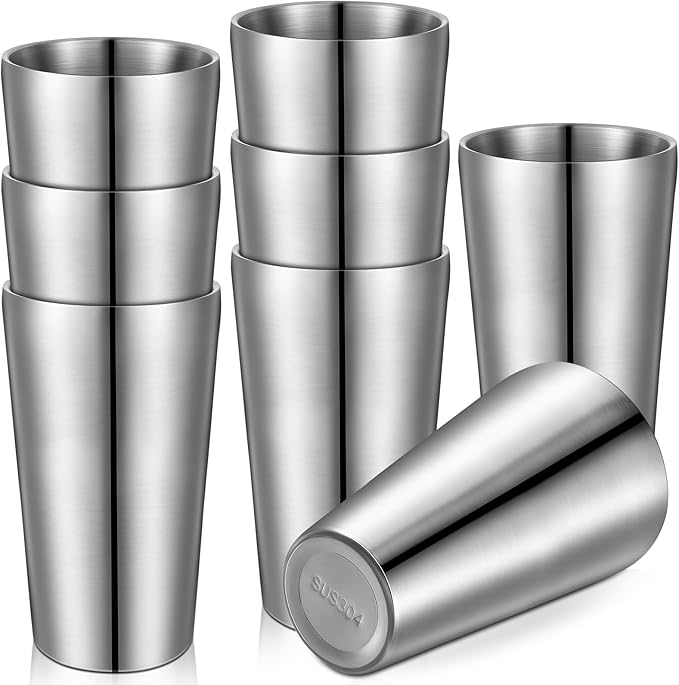 8 Pack Stainless Steel Insulated Cup Metal Tumbler Double Wall Vacuum Water Glasses Camping Reusable Mugs Bbq Home Office Party Coffee (Silver,18.6 oz)