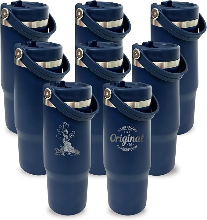 30 oz Tumbler Bulk with Top Handle, Double Wall Vacuum Insulated Tumbler with Flip Straw, Travel Coffee Mug 30oz Powder Coated Cup for Laser Engraving (Navy,8 pack)