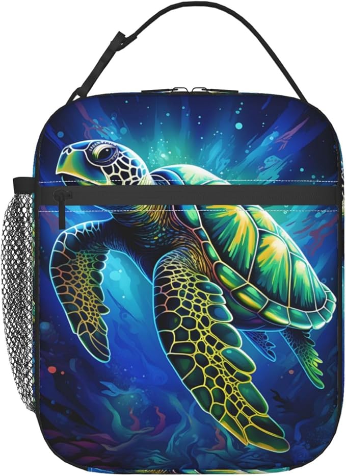 Reusable Sea Turtle Lunch Box for Kids, Insulated Shell Colorful Waves Ocean Bag,Polyester Cooler Turtles Lovers Handbags Case for School Picnic Work Travel Beach or Hiking, Gifts