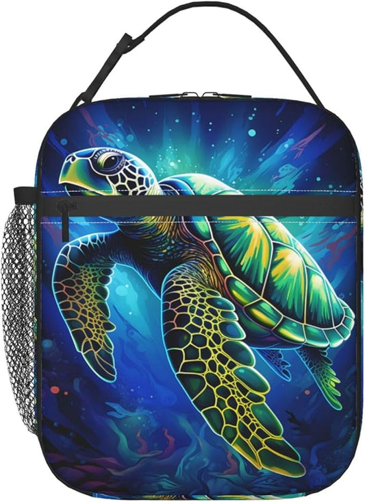 Reusable Sea Turtle Lunch Box for Kids, Insulated Shell Colorful Waves Ocean Bag,Polyester Cooler Turtles Lovers Handbags Case for School Picnic Work Travel Beach or Hiking, Gifts