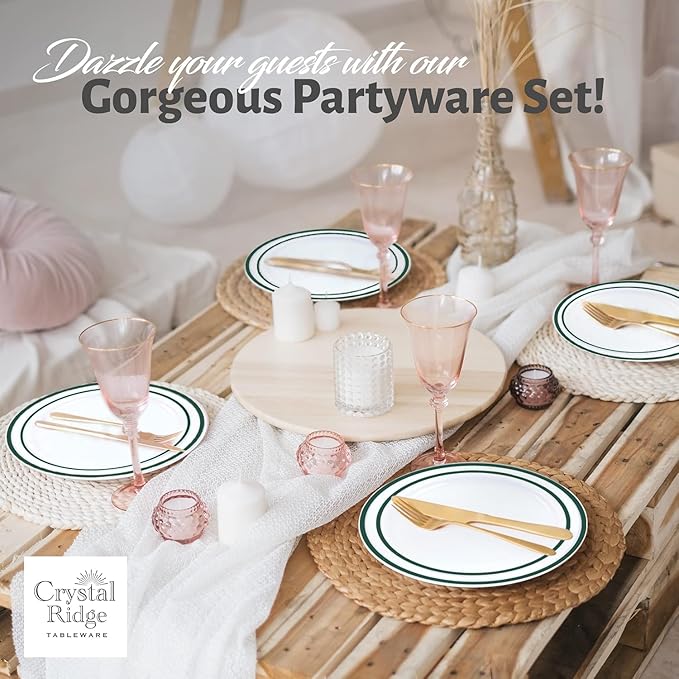 60 Pieces White Plastic Disposable Plates - Premium Heavy-Duty 30 Dinner Plates & 30 Salad Plates with Hunter Green Rim Ideal for Party, Birthday and Special Events