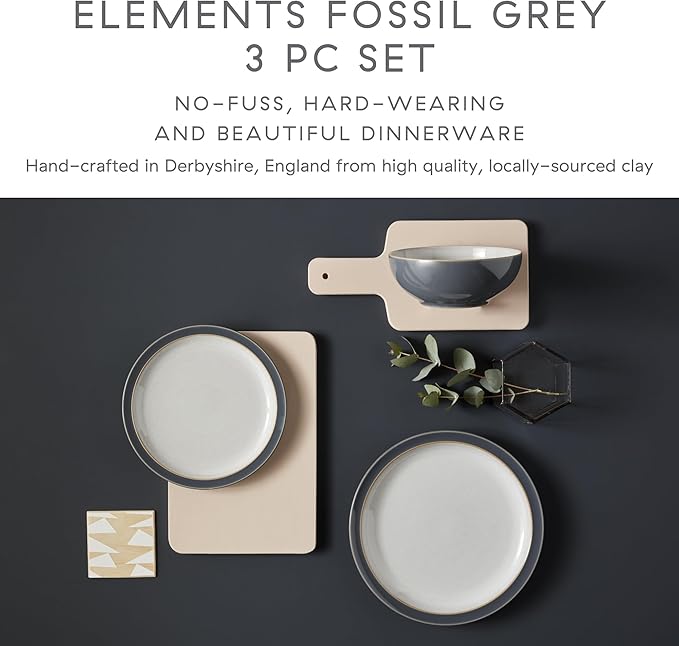 Denby - Elements Fossil Grey 3 Piece Set For 1 - One Person Ceramic Tableware - Dishwasher, Microwave Safe, Scratch Resistant Stoneware - Includes 1 x Large Plate, Side Plate & Cereal Bowl