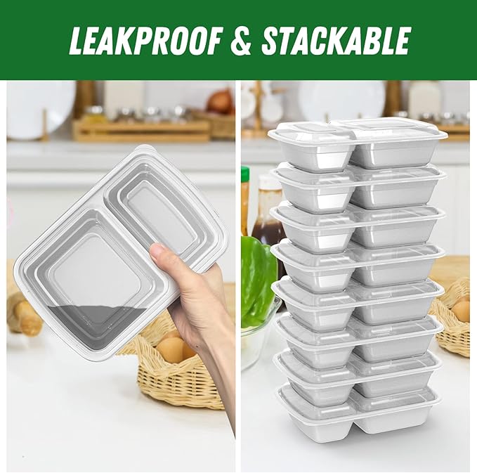 50 Pack (100-Piece) 28 oz Meal Prep Containers Reusable with Lids 2-Compartment, Sturdy Leakproof Food Safe, Microwave Freezer Dishwasher Safe, To Go Take Out Plastic Food Storage, Silver