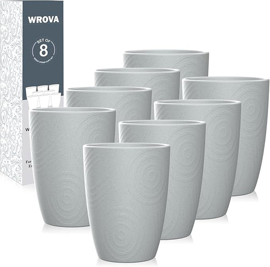 Wheat Straw Cups 8 PCS Good Alternative to Plastic Reusable Cups 12 oz Unbreakable Drinking Cup Reusable Dishwasher Safe Water Plastic Glasses Light Grey