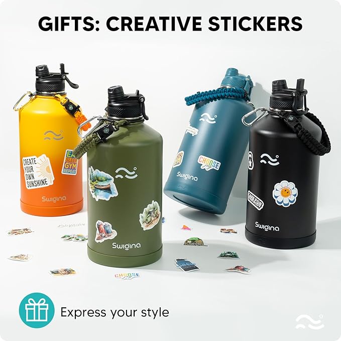 [2-IN-1 LID] Gallon Insulated Water Bottle with Silicone Boot (48hrs Cold/24hrs Hot) - DIY Stickers, Leakproof, BPA Free, 128 oz