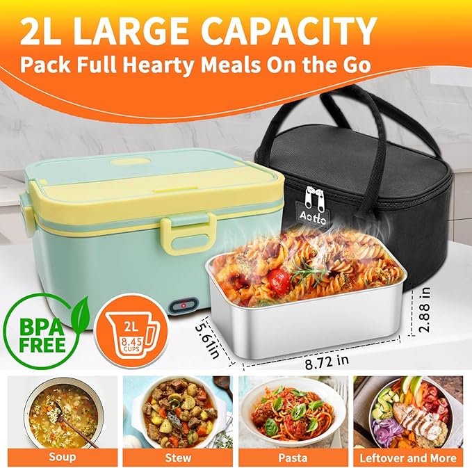 Aotto Electric Lunch Box 2L, 90W Fast Heating (12V/24V/110V) Heated Portable Food Warmer for Car/Truck/Office – Stainless Steel Container, Insulated Carry Bag – Ideal for Adults, Men, Women, Green