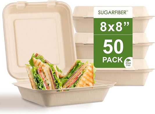 [50 COUNT]Harvest Pack PFAS FREE 8 X 8" Compostable Clamshell Food Containers, Heavy-Duty to go Hinged Container, Disposable Bagasse Eco-Friendly Natural Takeout to go Box, Made from Sugarcane
