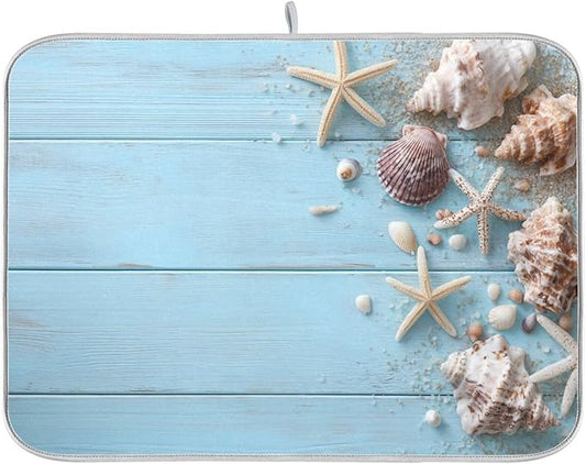 Blue Wooden Seashells and Starfish Dish Drying Mat for Kitchen Counter Super Absorbent Dishes Pad Reversible Microfiber Protector Dish Draining Mats 16x18 inch
