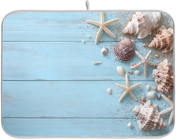 Blue Wooden Seashells and Starfish Dish Drying Mat for Kitchen Counter Super Absorbent Dishes Pad Reversible Microfiber Protector Dish Draining Mats 18x24 inch
