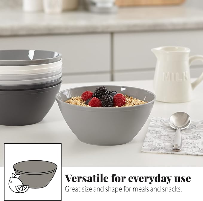 US Acrylic Unbreakable 28 oz. Plastic Stackable Cereal Bowls for Snacks & Ice Cream in Grey Colors (Set of 8) 6-inch Reusable, BPA-Free, Made in the USA, Dishwasher Safe Dinnerware