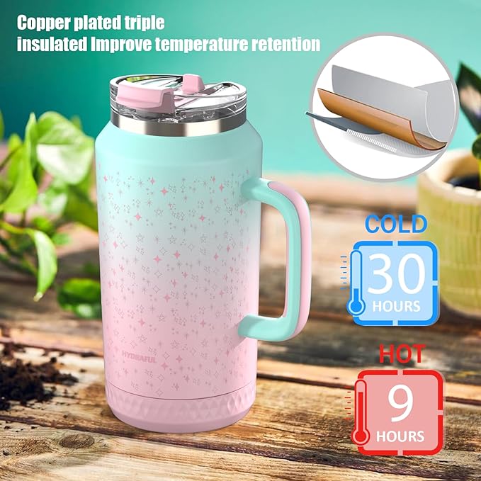 Hydraful 64 oz Tumbler with Handle and Straw - 100% Leak-Proof - Insulated Cup Reusable Stainless Steel Large Water Bottle Travel Mug for Gym, Hiking, and Camping - Gifts for Women Men Him Her