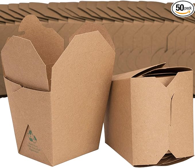 100% Recyclable 16oz Brown Chinese Take Out Boxes 50pk. Leakproof Greaseproof To-Go Containers For Restaurant Event Parties Food Service. Best Value Bulk Pack Microwaveable and Stackable Meal Pails.